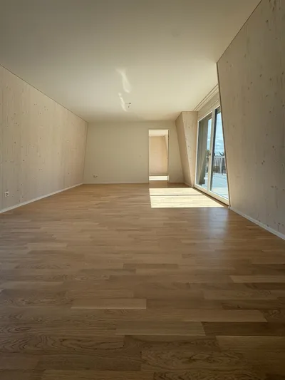 Heller Neubau-Innenraum in Winterthur mit Holzverkleidung und frisch gestrichenen Wänden – moderne Malerarbeiten und harmonisches Raumdesign vom Malerbetrieb in Winterthur.