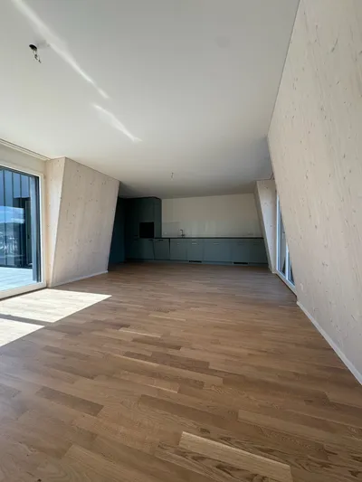 Moderner Wohnraum mit Holzböden und Küche, Wände und Decken präzise gestrichen.